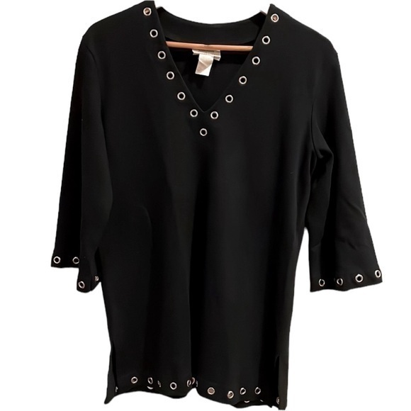 Vintage Neiman Marcus Women Medium Tunic Top Metal Eyelet Hem Black Heavy‎ - Picture 1 of 8